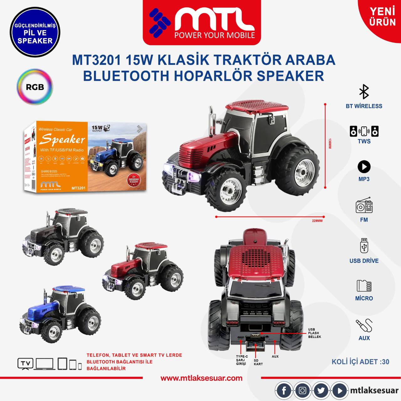 MTL 15W Klasik Traktör Araba Bluetooth Hoparlör Speaker