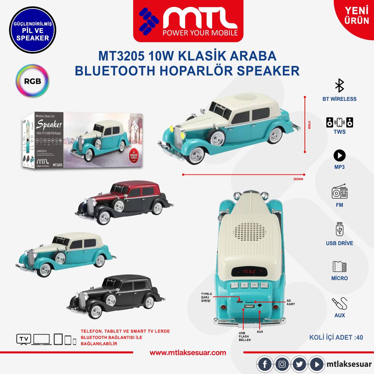 MTL 10W KLASİK ARABA BLUETOOTH HOPARLÖR SPEAKER