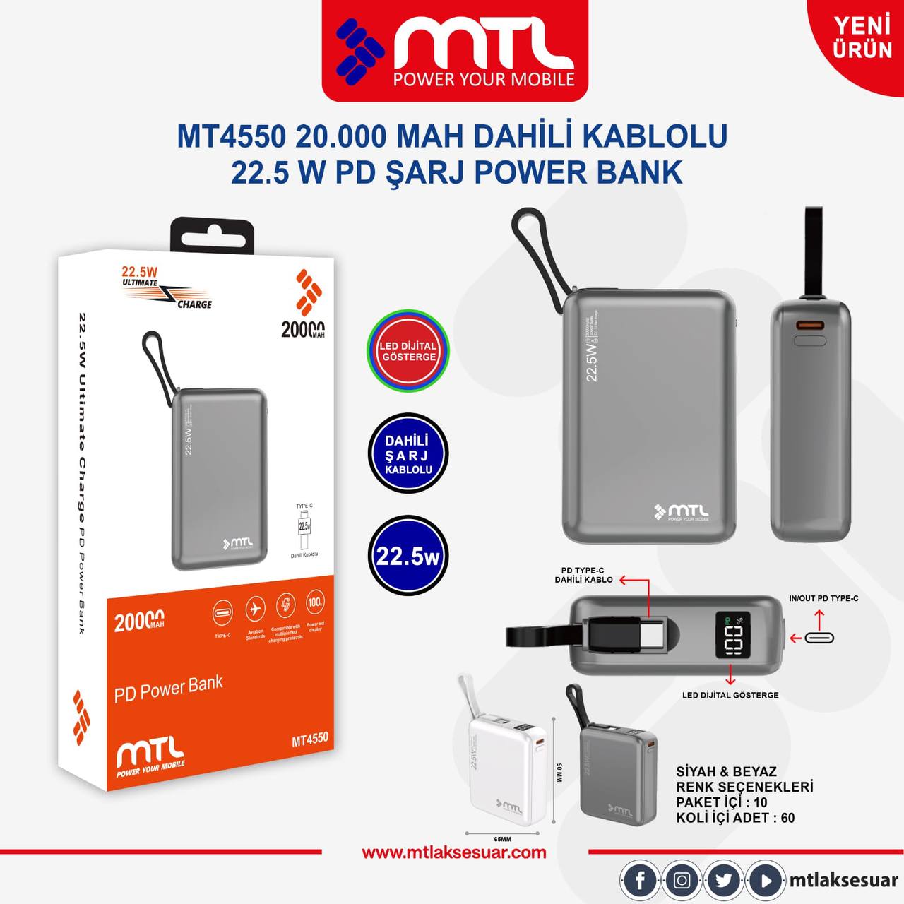 MTL 20.000MAH Dahili Kablolu 22.5W PD Şarj PowerBank