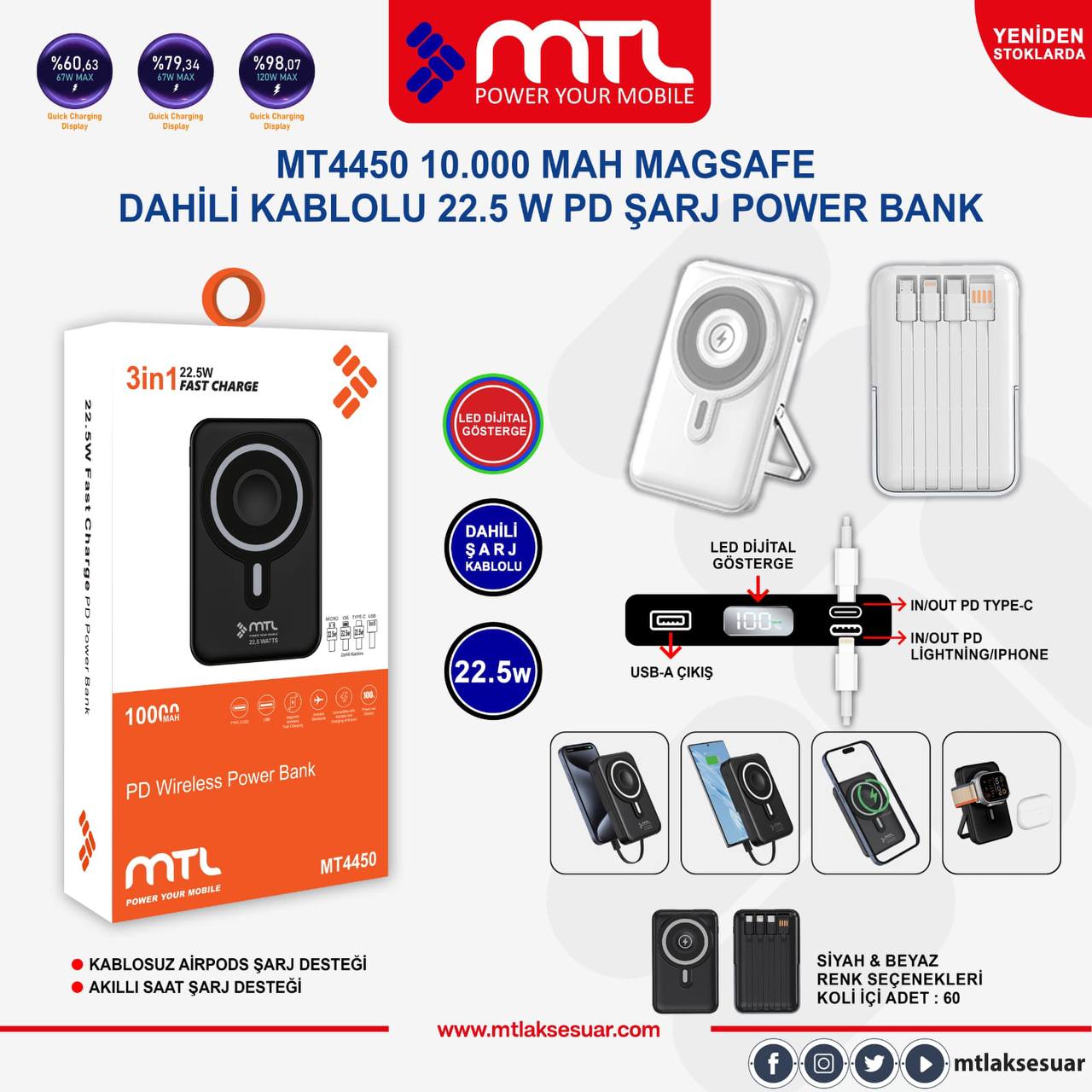 MTL 10.000MAH MagSafe Dahili
Kablolu 22.5W PD Şarj PowerBank