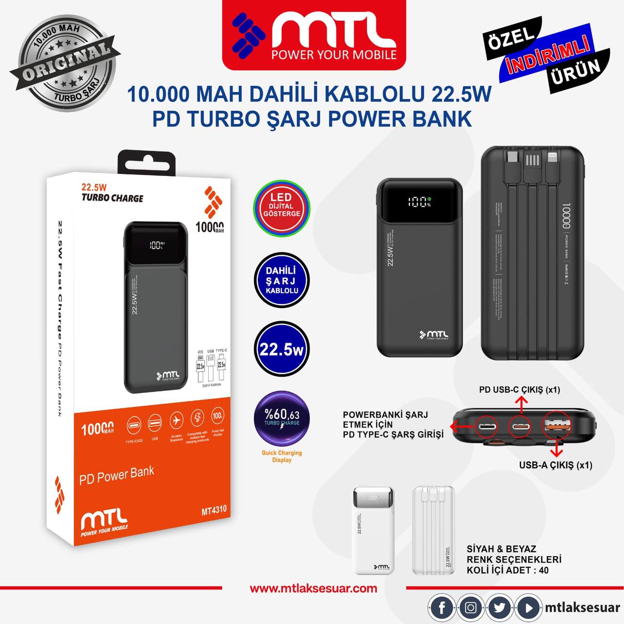 MTL 10.000MAH Dahili Kablolu 22.5W PD Turbo Şarj PowerBank