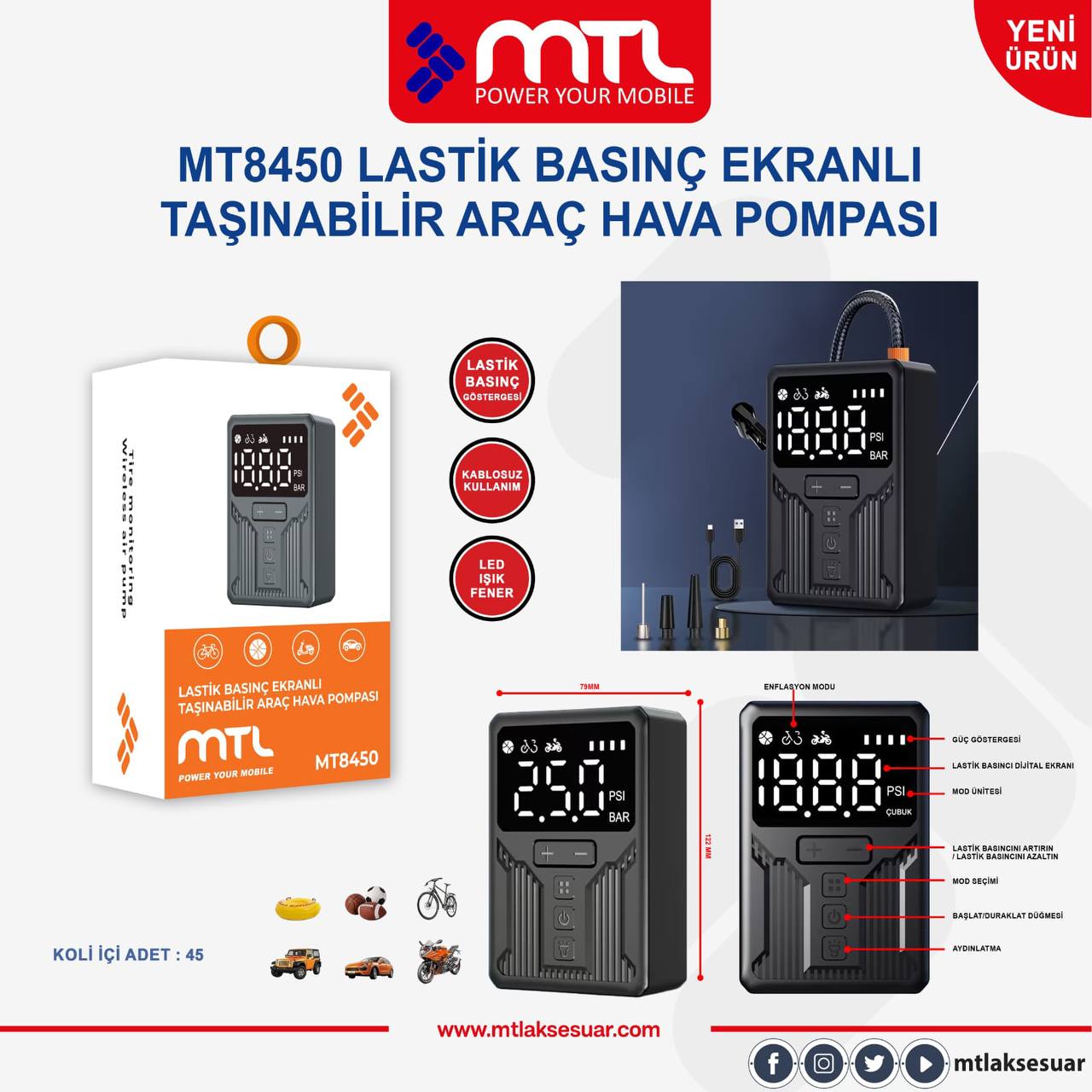 MTL LASTİK BASINÇ EKRANLI TAŞINABİLİR ARAÇ HAVA POMPASI